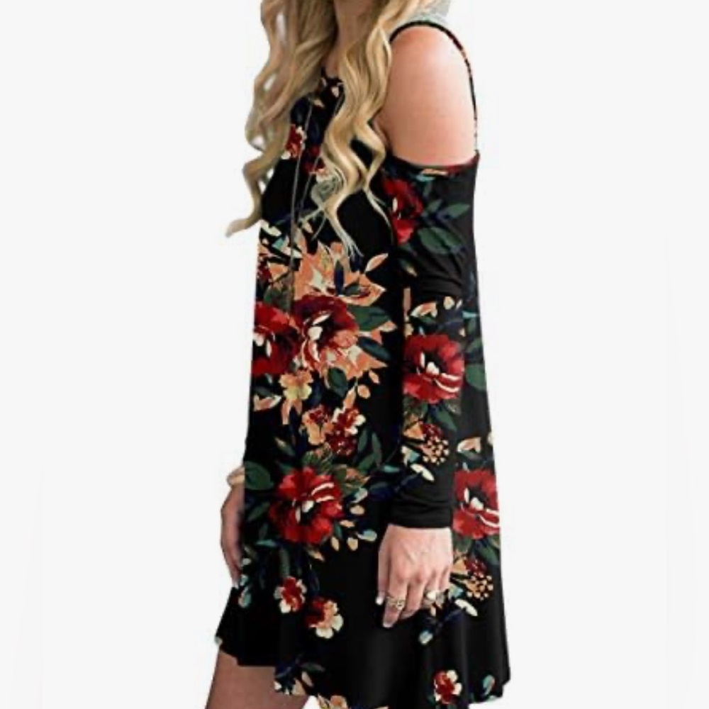 Floral Black Cold Shoulder floral knee length Swing pullover Dress Size:XL EUC